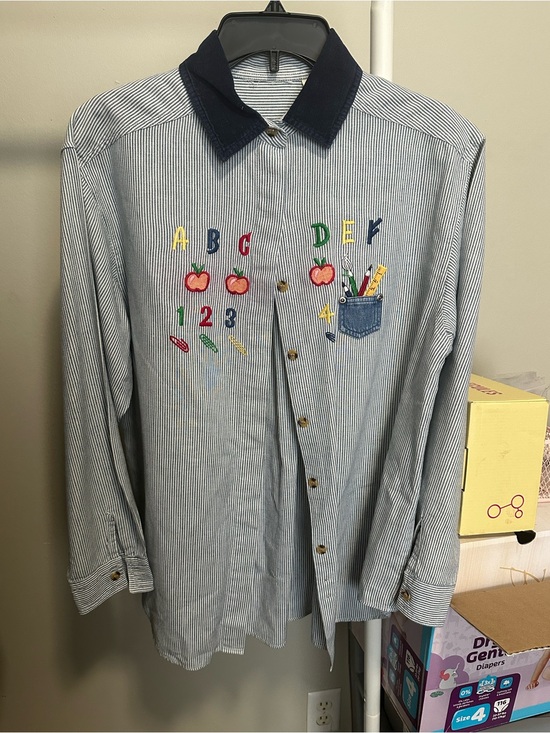 Vintage Tops - Vintage Blue and White Striped Button Down with Teacher School Themed Embroidery
